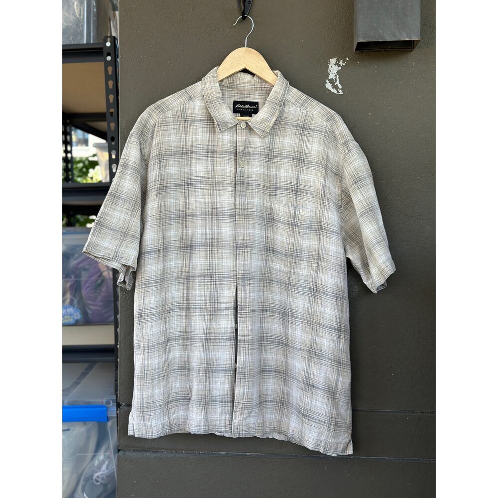 Eddie Bauer Men's Large Linen Cotton Blend Gray Stripe Casual Button Down Shirt